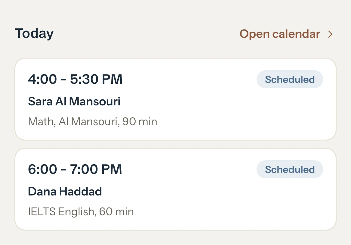 Today on the dashboard: Sara Al Mansouri at 4:00 PM and Dana Haddad at 6:00 PM, both Scheduled.