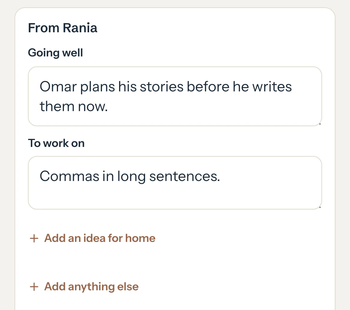 Omar's September card being written on a phone: Going well and To work on filled in, with Add an idea for home under them.