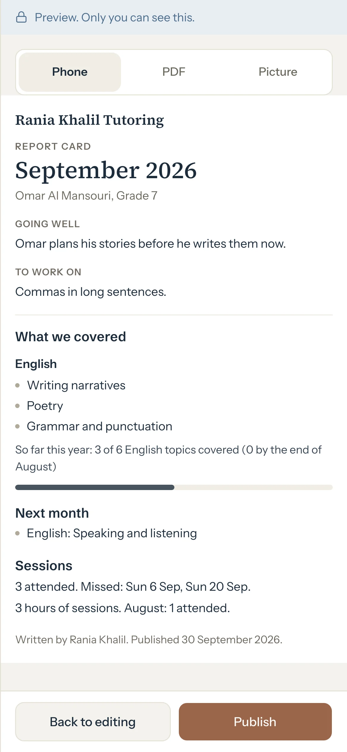 The preview of Omar's September card on a phone: Going well, To work on, what was covered and next month's topic.